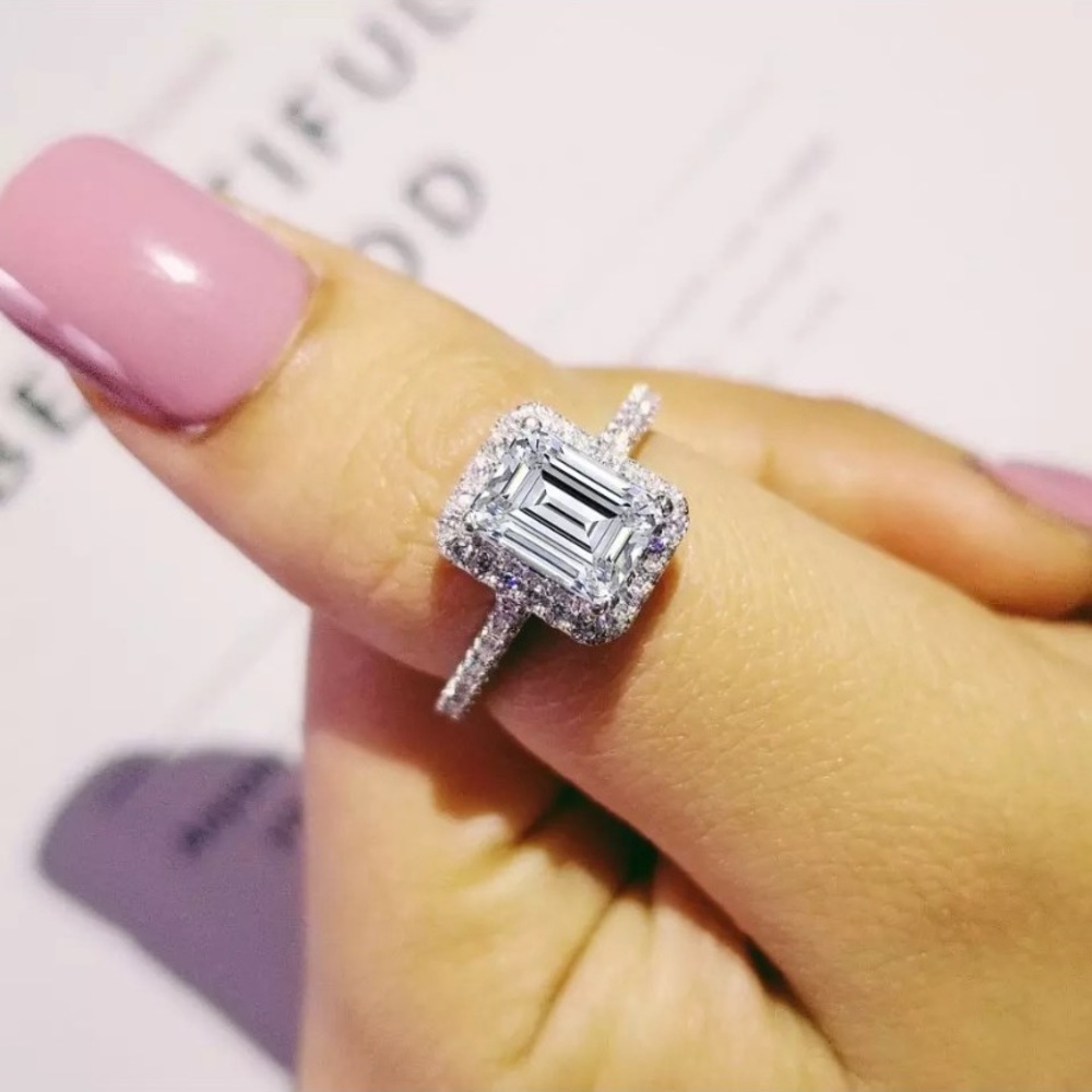 NEW! Dainty 18K Emerald-Cut Halo Engagement Ring